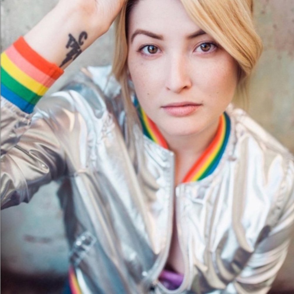 Ban.do Bomber Jacket "Rainbow Roller" Silver Shiny Colorful Stripe Sz L